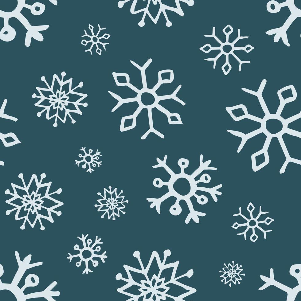 Seamless background of hand drawn snowflakes. Blue snowflakes on dark blue background. Christmas and New Year decoration elements. Vector illustration.