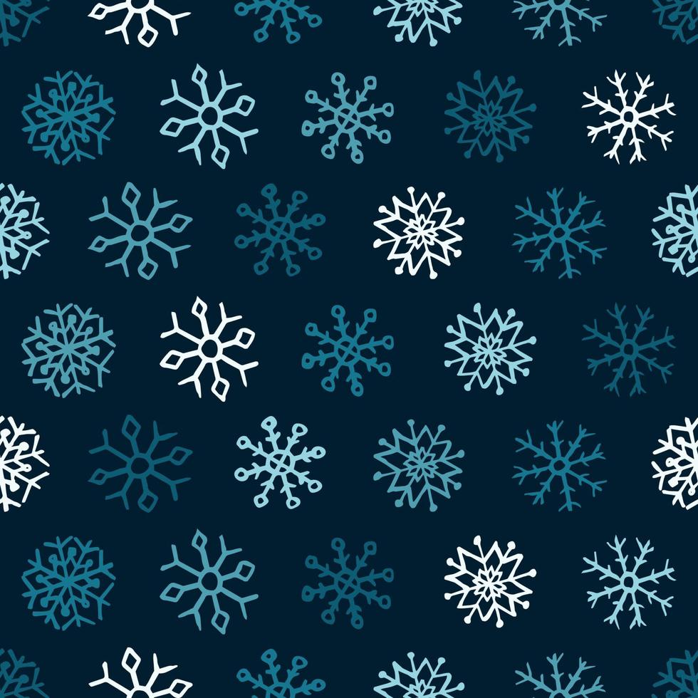 Seamless background of hand drawn snowflakes. Blue colorful snowflakes on blue background. Christmas and New Year decoration elements. Vector illustration.