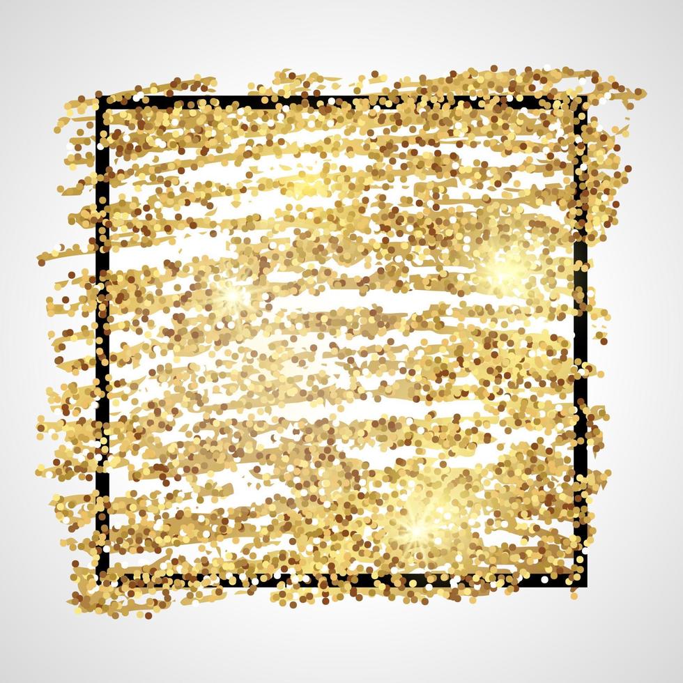 Golden Paint Glittering backdrop with black square frame on a white background. Background with gold sparkles and glitter effect. Empty space for your text. Vector illustration