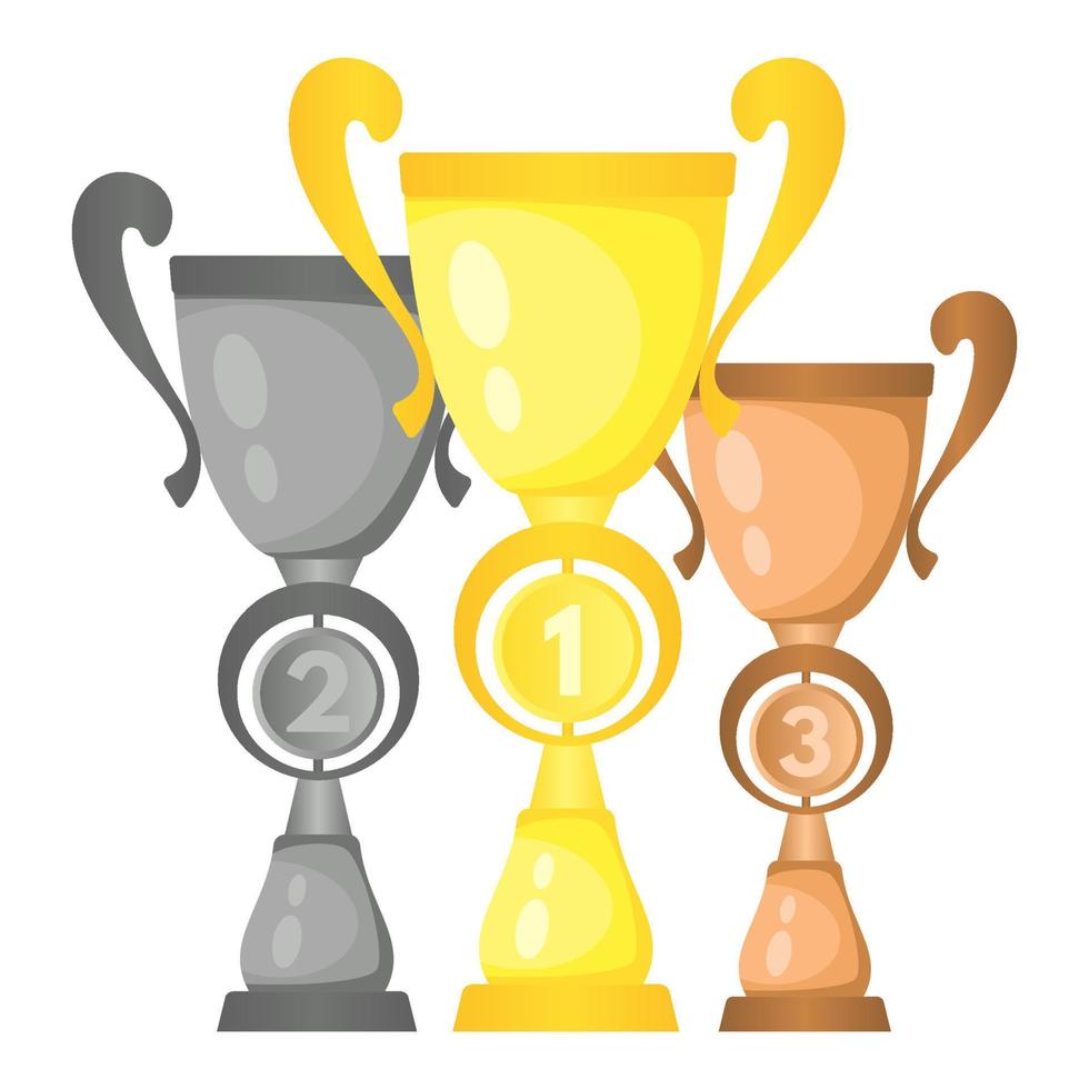 Set of vector trophy champion cups in gold, silver and bronze. Championship prizes for first, second and third place. Victory symbols isolated on white background.