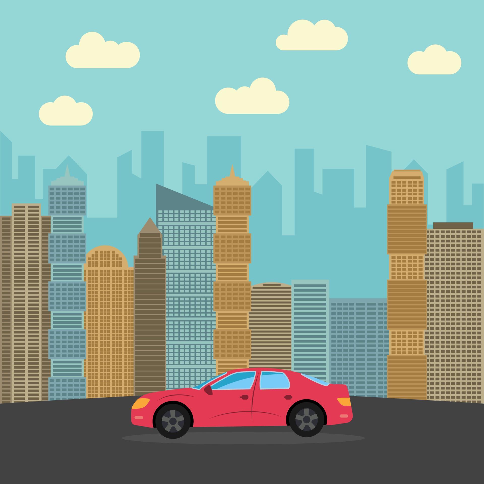 Red sports car in the city. Automobile on a background of skyscrapers on a sunny day. Vector