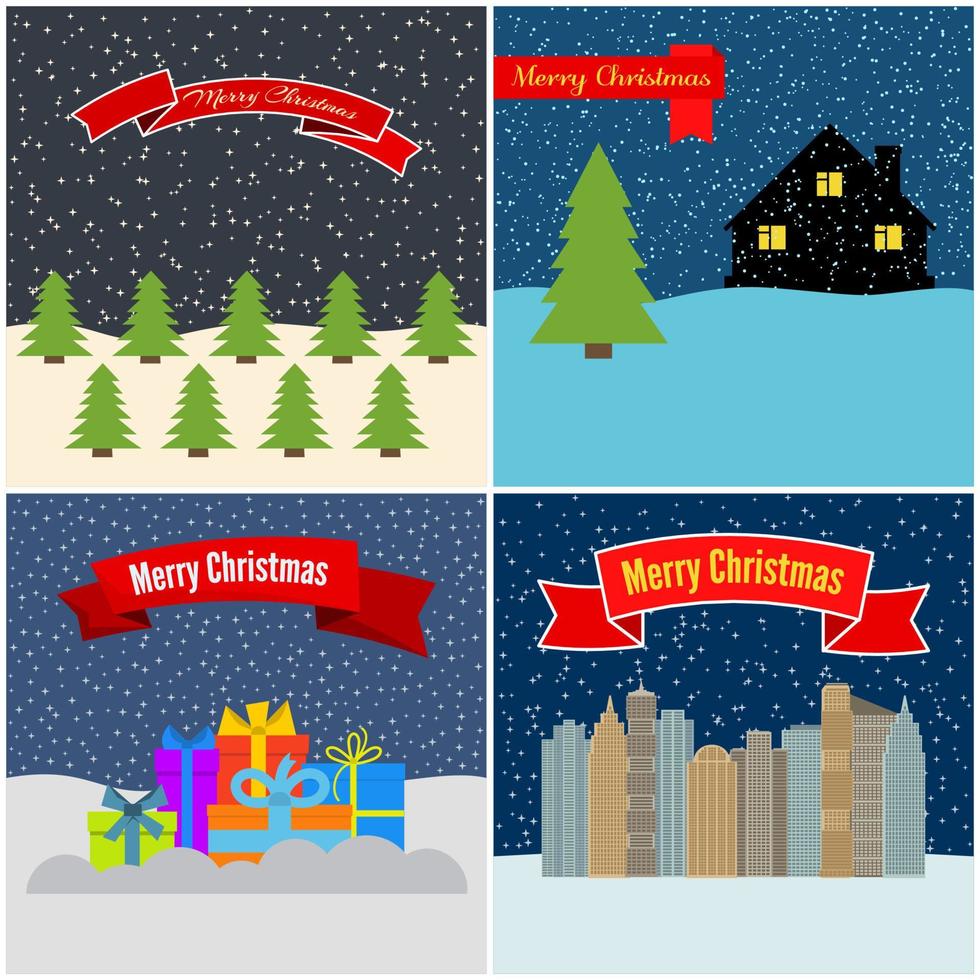 conjunto de cuatro ilustraciones vectoriales con bosque nocturno, casas solitarias, cajas de regalo, ciudad nocturna y cintas rojas con la inscripción feliz navidad. vector