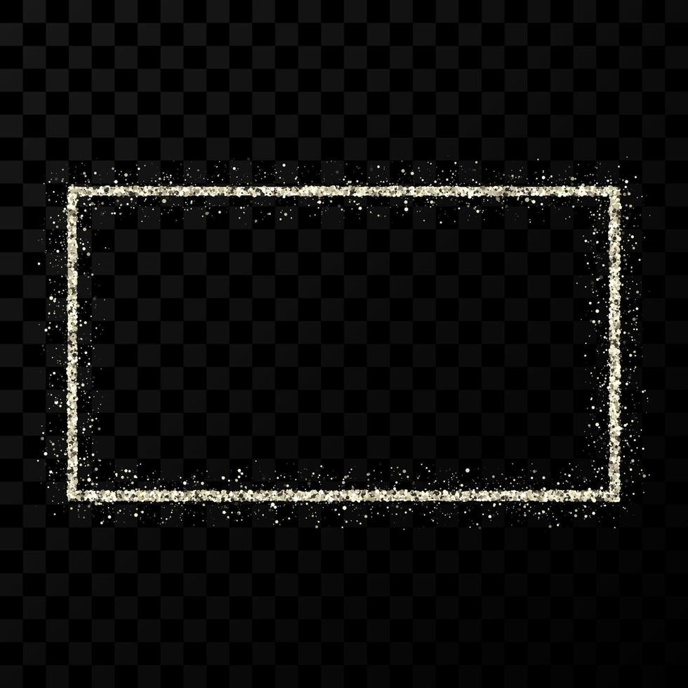 Silver glitter frame. Rectangle vertical frame with shiny sparkles on dark transparent background. Vector illustration