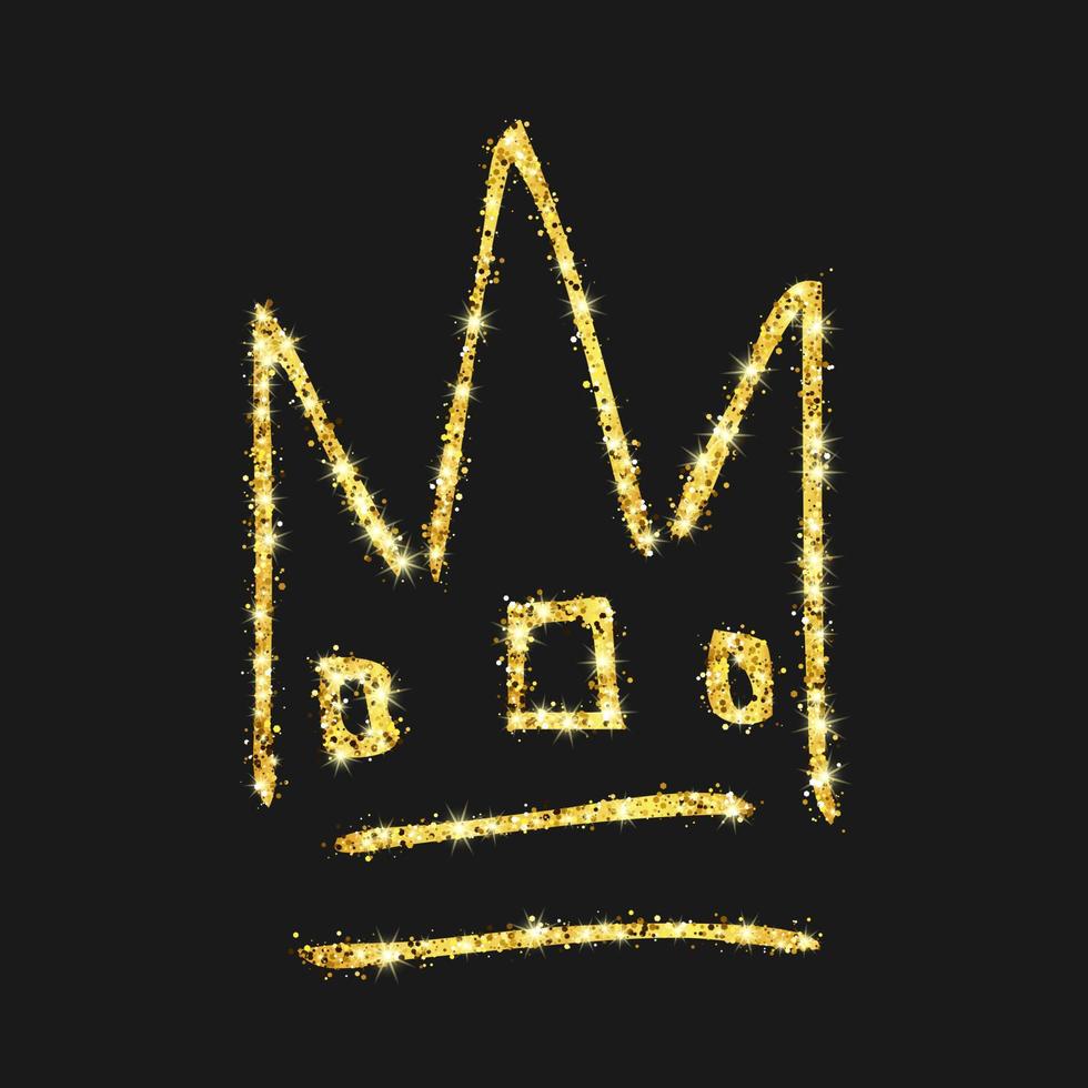 Gold glitter hand drawn crown. Simple graffiti sketch queen or king crown. Royal imperial coronation and monarch symbol isolated on dark background. Vector illustration