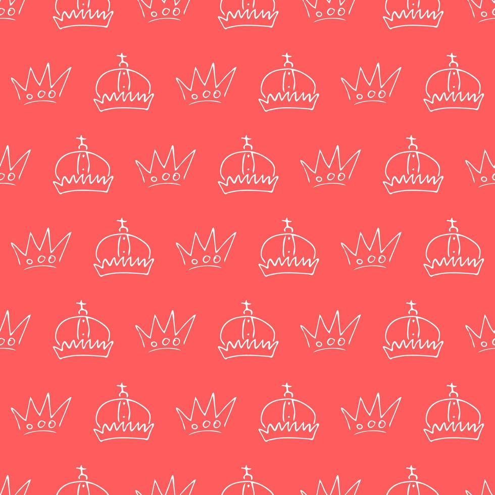 Hand drawn crowns. Seamless pattern of simple graffiti sketch queen or king crowns. Royal imperial coronation and monarch symbols. White brush doodle isolated on red background. Vector illustration.