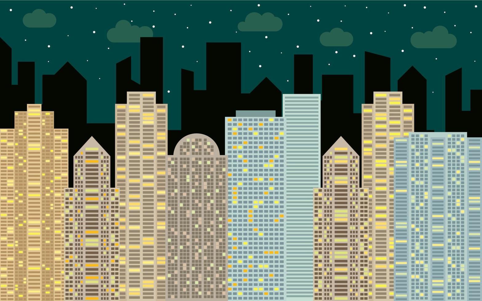 Night urban landscape. Street view with cityscape, skyscrapers and modern buildings at sunny day. City space in flat style background concept. vector