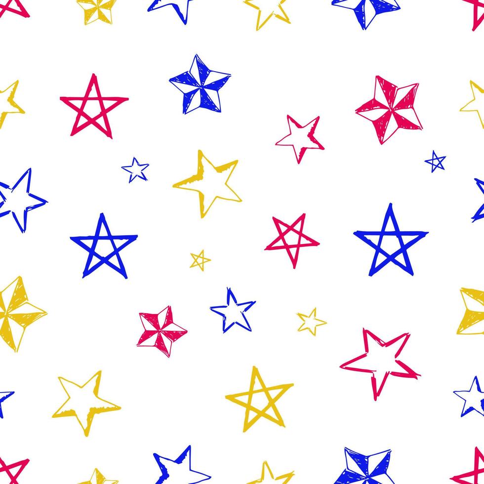 Seamless background of doodle stars. Multicolor hand drawn stars on white background. Vector illustration