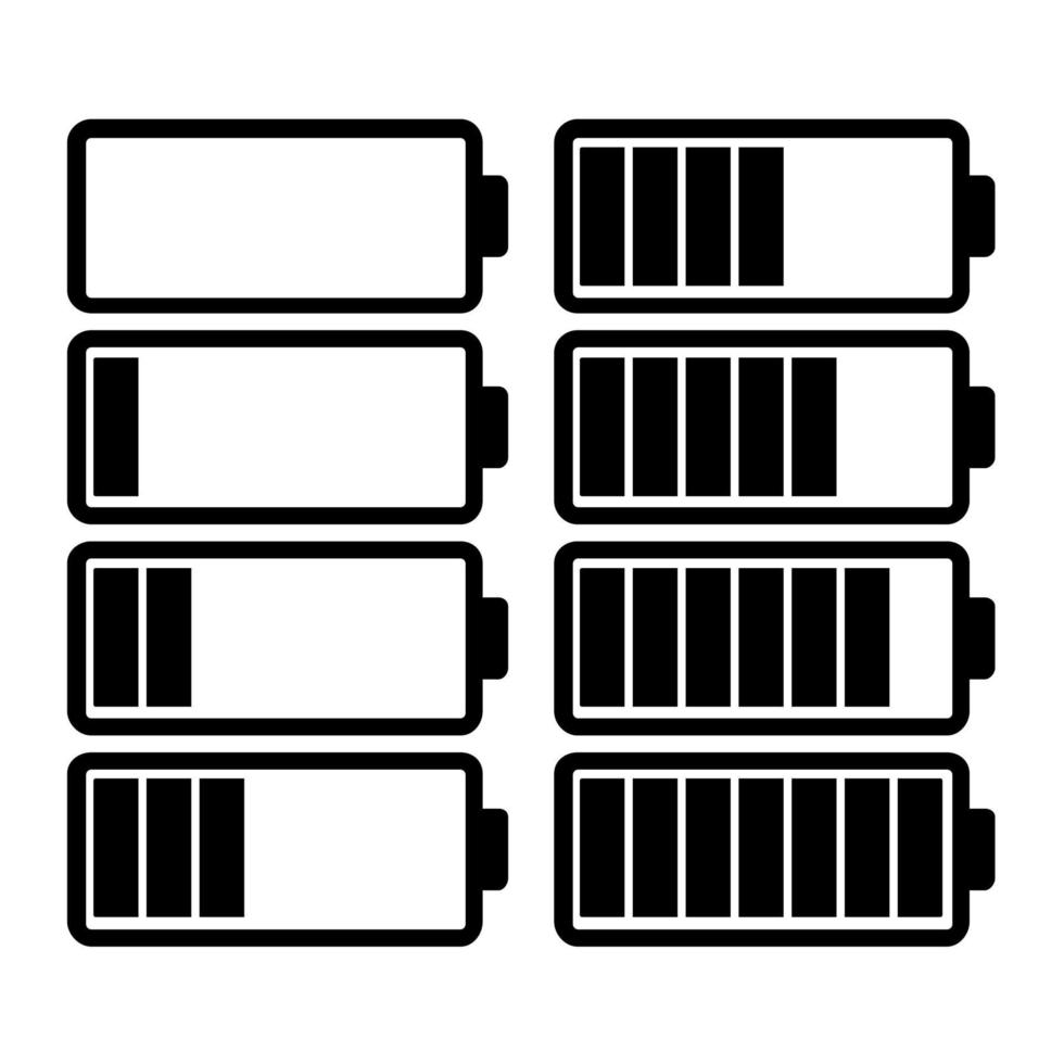 A set of eight batteries with different charge indicators. Vector illustration