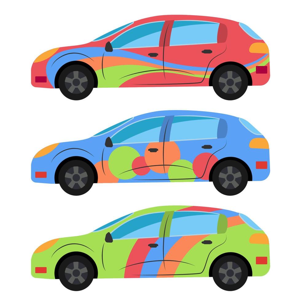 A set of three cars painted in different colors. Vector illustration