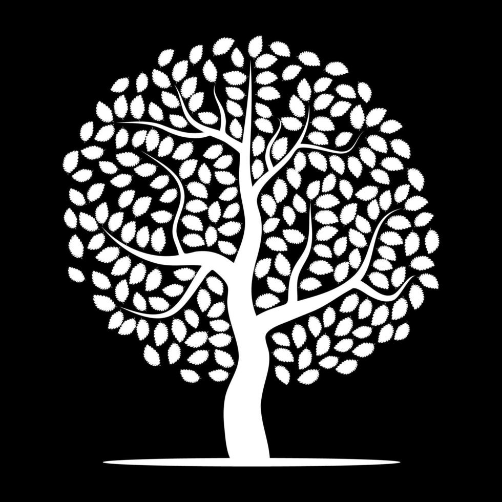 White tree with leaves on black background. Vector illustration