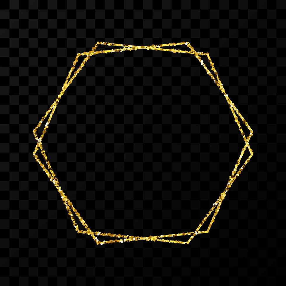 Gold double hexagon frame. Modern shiny frame with light effects isolated on dark transparent background. Vector illustration.