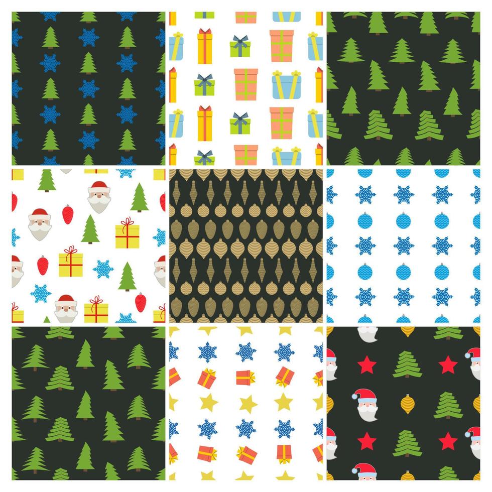 Set of nine Christmas Seamless Patterns with icons in flat style. Vector illustration