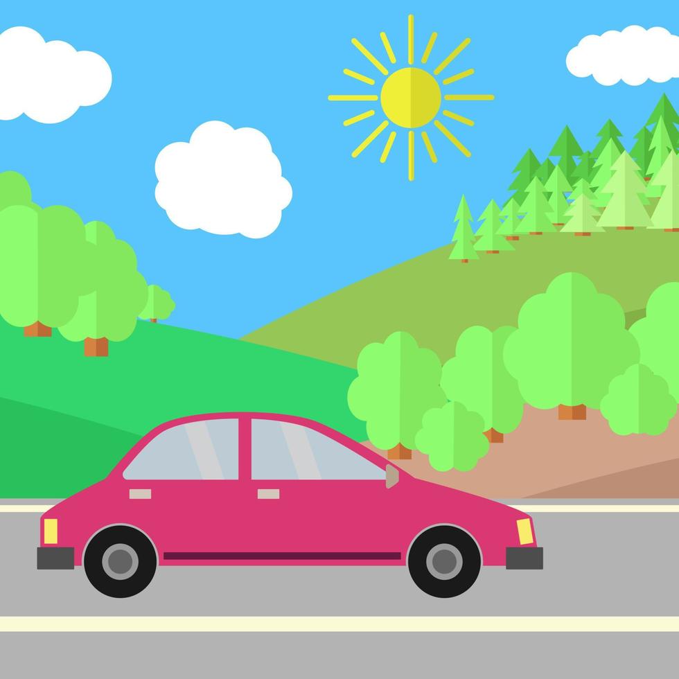 coche rojo en una carretera en un día soleado. ilustración de viajes de verano. coche sobre el paisaje. vector
