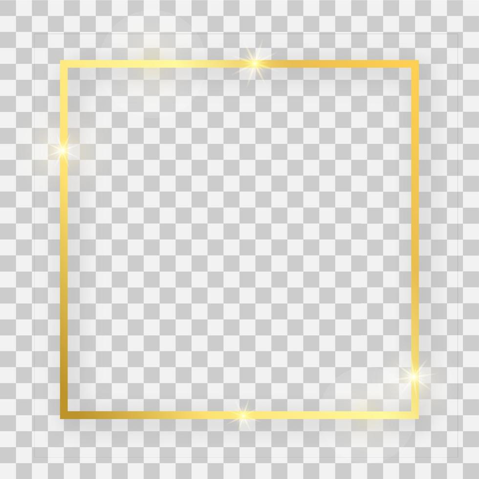 Gold shiny square frame with glowing effects and shadows on transparent background. Vector illustration