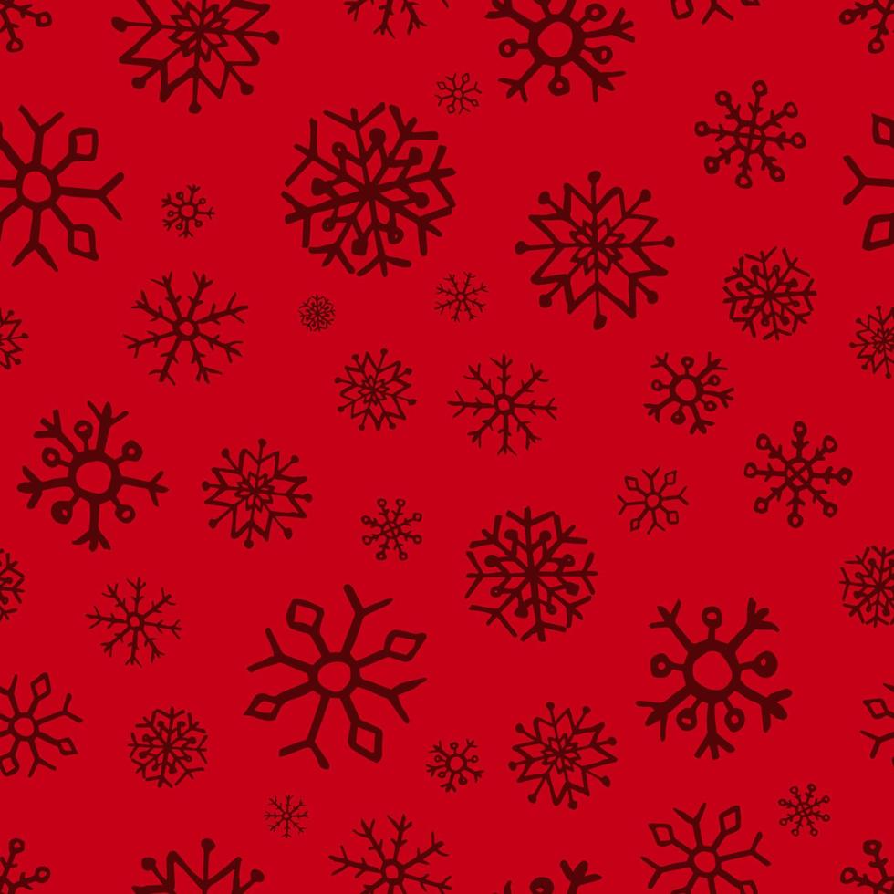 Seamless background of hand drawn snowflakes. Dark red snowflakes on red background. Christmas and New Year decoration elements. Vector illustration.