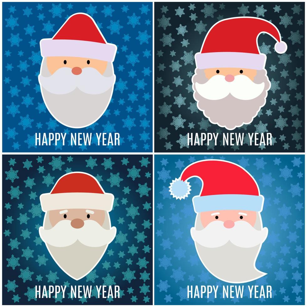 conjunto de tarjetas de felicitación de año nuevo con santa claus sobre fondo azul oscuro con copos de nieve. vector