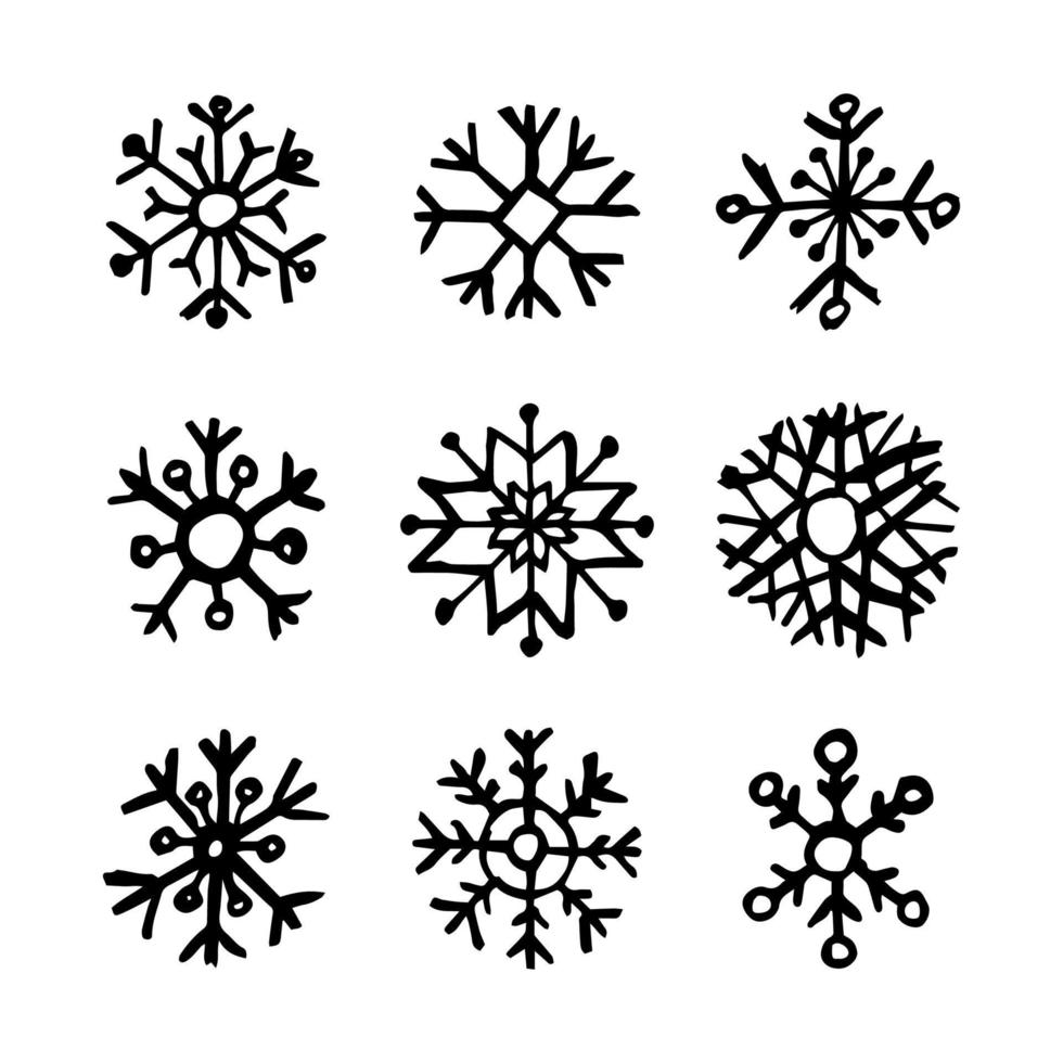 copos de nieve dibujados a mano sobre fondo blanco. conjunto de nueve copos de nieve oscuros. elementos de decoración de navidad y año nuevo. ilustración vectorial vector