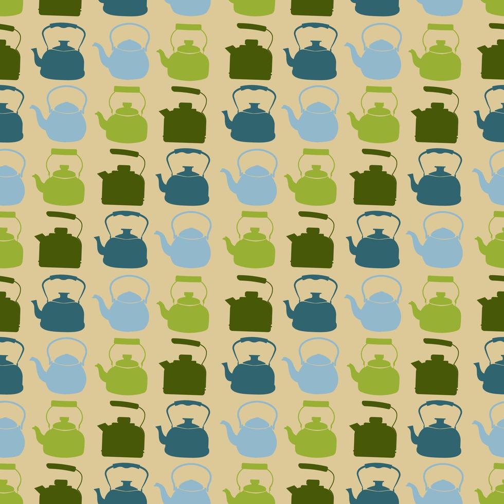 Seamless Colorful Pattern with Kettle. Vector background with different teapots. Endless kitchen texture.