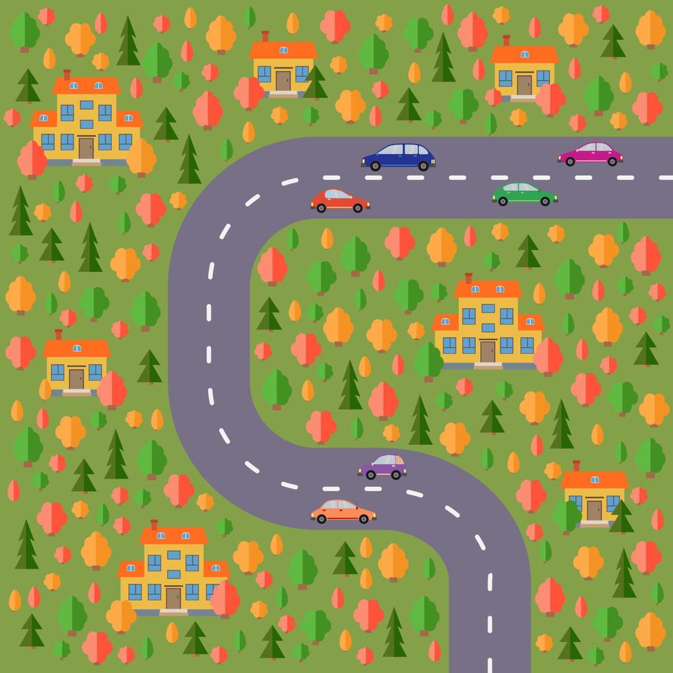 Plan of village. Landscape with the road, forest, cars and houses. Vector illustration