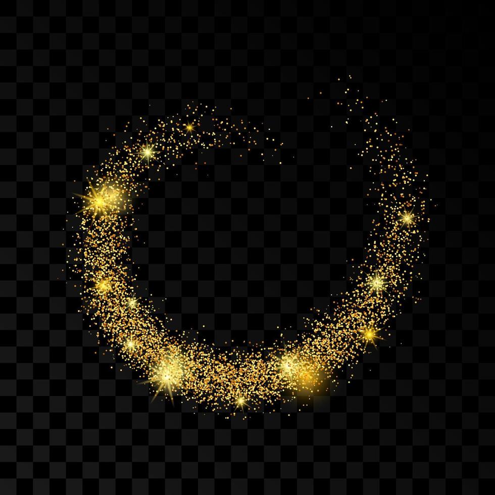 Light wave with gold glitter effect on a dark transparent background. Abstract swirl lines. Vector illustration