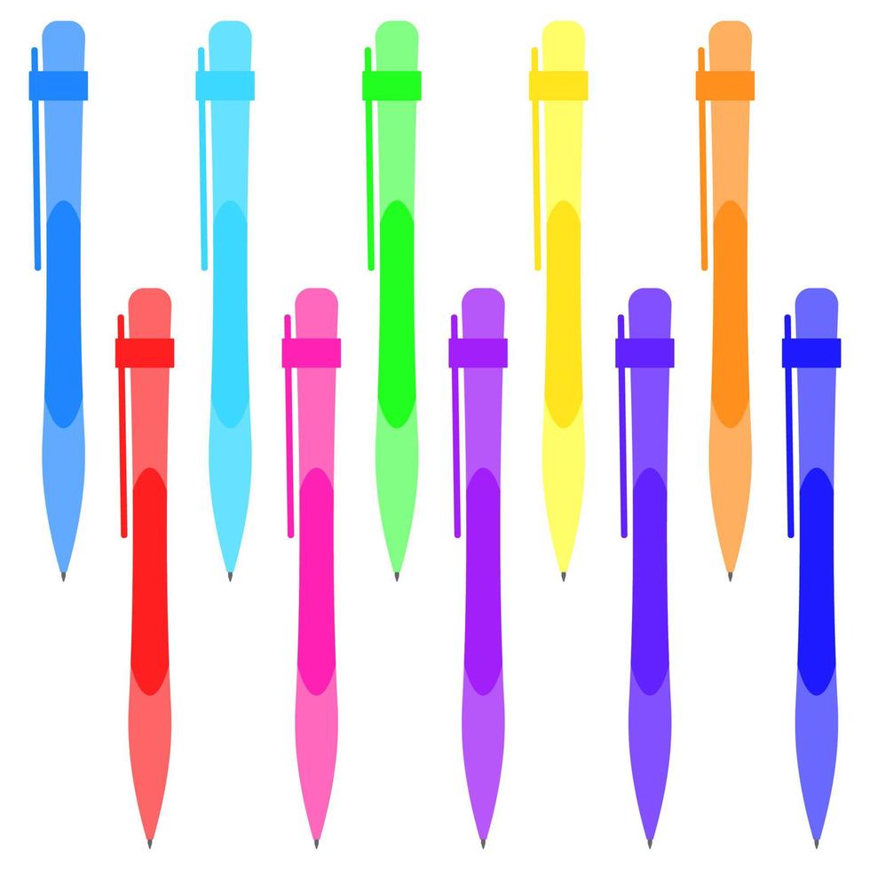 Set of multi-colored pens on a white background. Vector illustration.