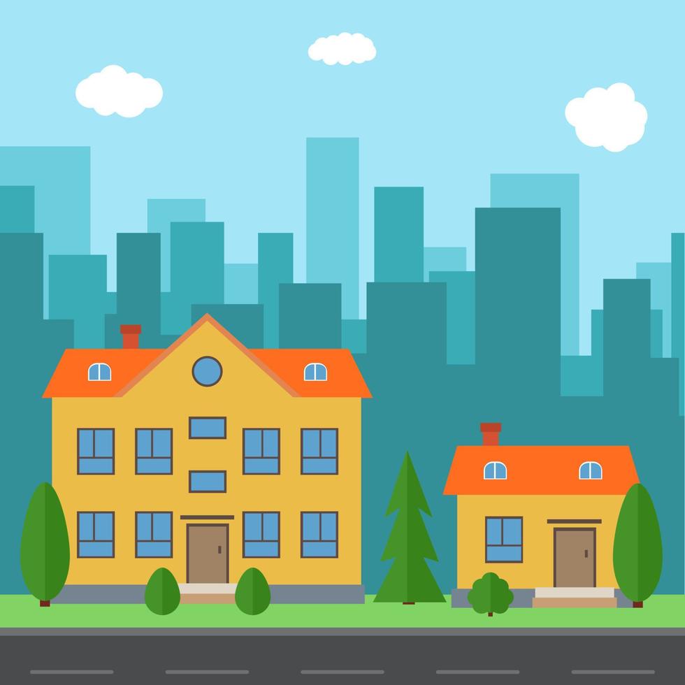ciudad vectorial con casas y edificios de dibujos animados. espacio de la ciudad con carretera en ciudad vectorial con casas y edificios de dibujos animados. espacio de la ciudad con carretera en