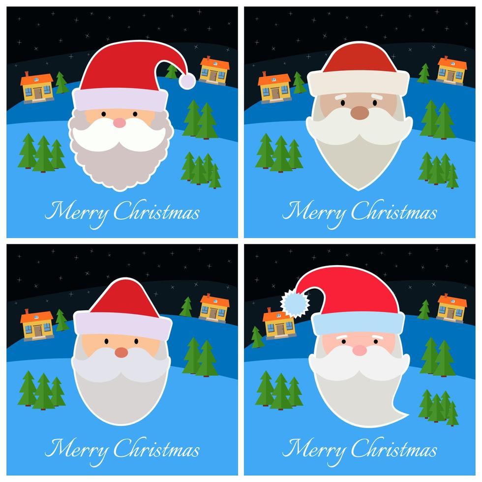 Set of New Year greeting card with Santa Claus on dark blue background with snowflakes. vector