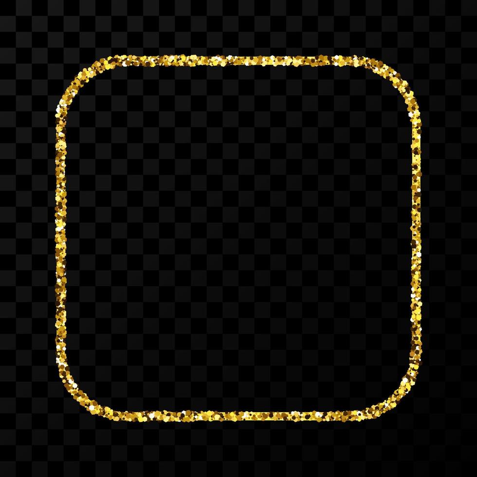 Gold glitter frame. Square with rounded corners frame with shiny sparkles on dark transparent background. Vector illustration