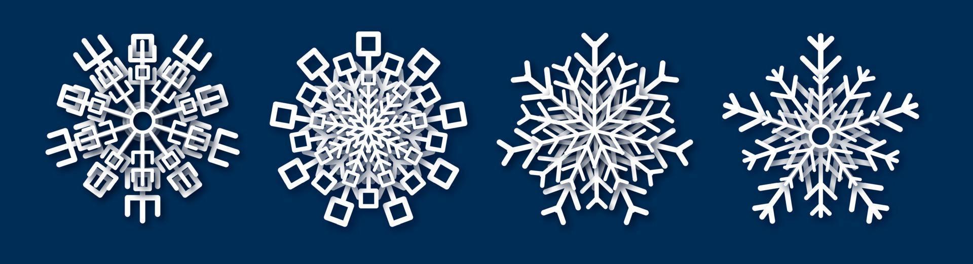 Paper cut snowflake. Set of four white snowflakes on blue background. Christmas and New Year decoration elements. Vector illustration