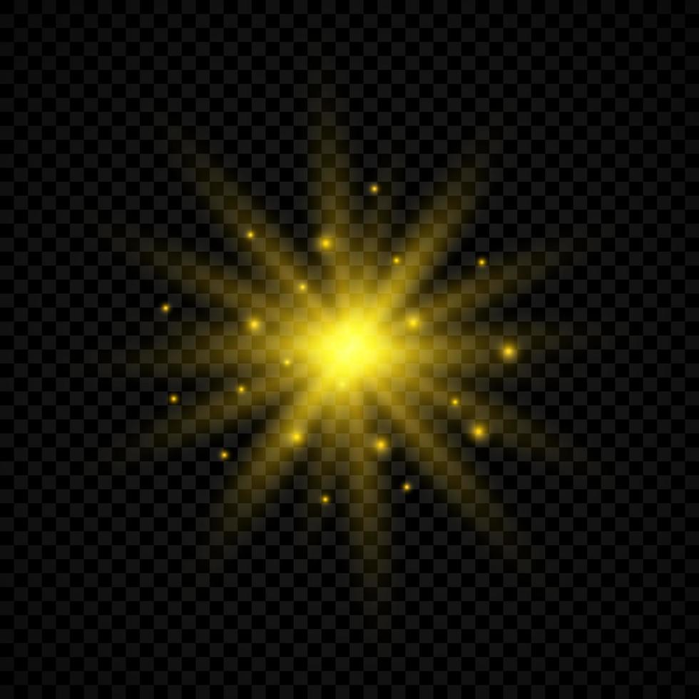 efecto de luz de destellos de lente. luces amarillas brillantes efectos de explosión estelar con destellos sobre un fondo transparente. ilustración vectorial vector