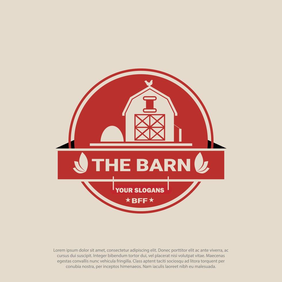 Vintage red badge barn farm logo design, Farm House concept logo. Template with farm landscape. Label for natural farm products. red logotype isolated on vintage light background. Vector logo design.