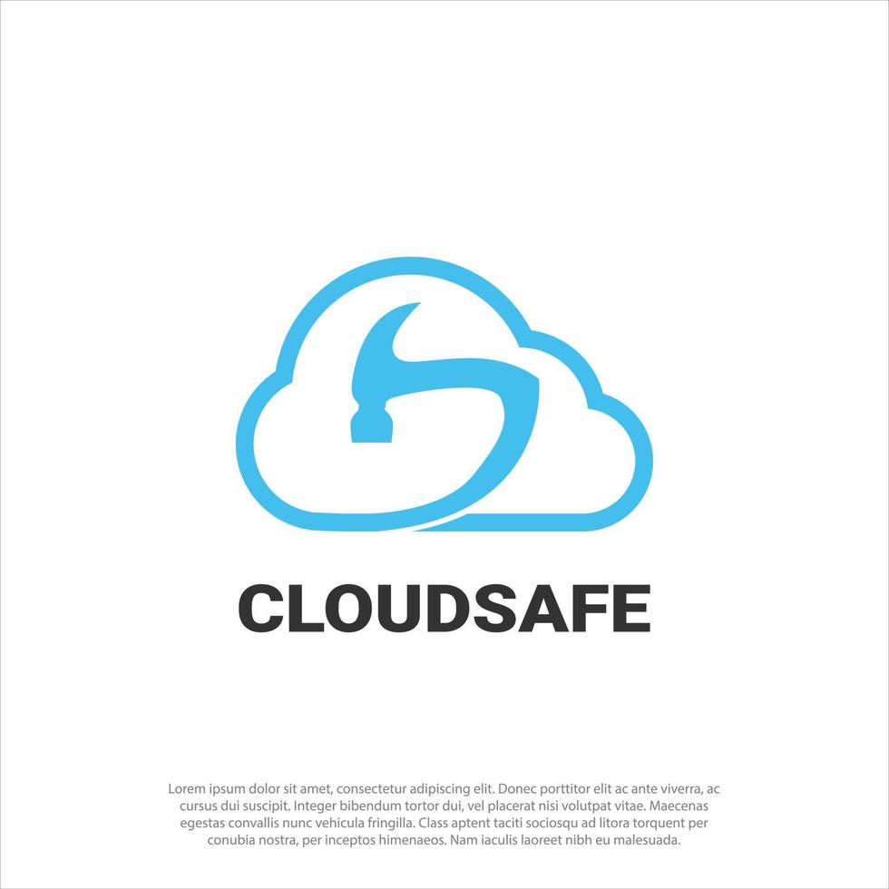 logotipo de seguridad informática en la nube, nube azul con icono de martillo en el interior aislado en fondo blanco, plantilla de logotipo de diseño plano, vector