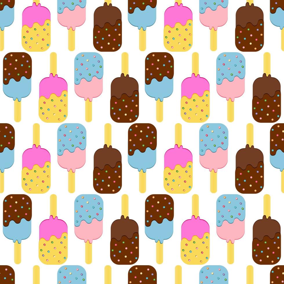 Seamless Colorful Ice Cream Pattern. Ice Cream Dessert on a Wooden Stick. Vector illustration.