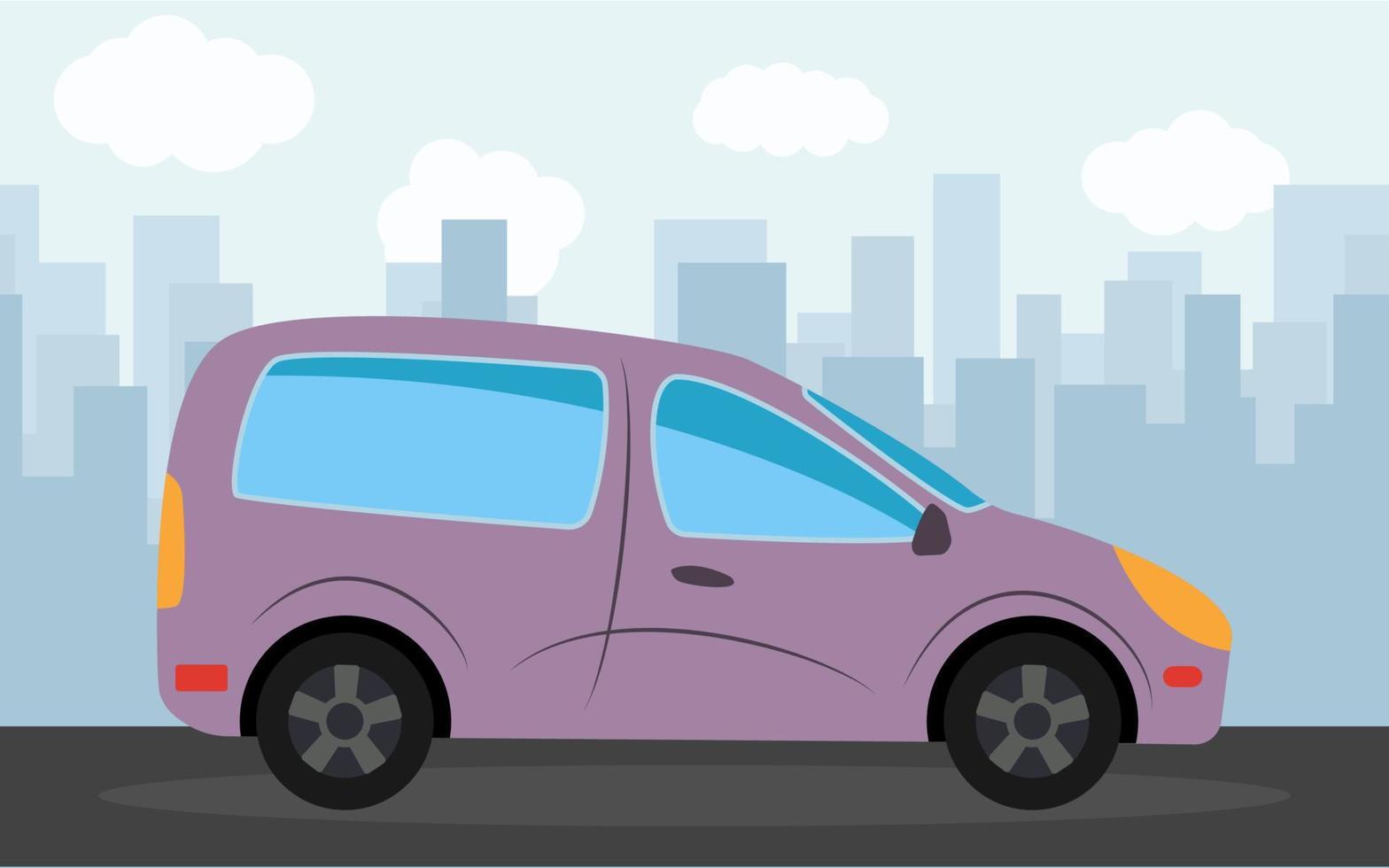 Purple car in the background of skyscrapers in the afternoon. Vector illustration.