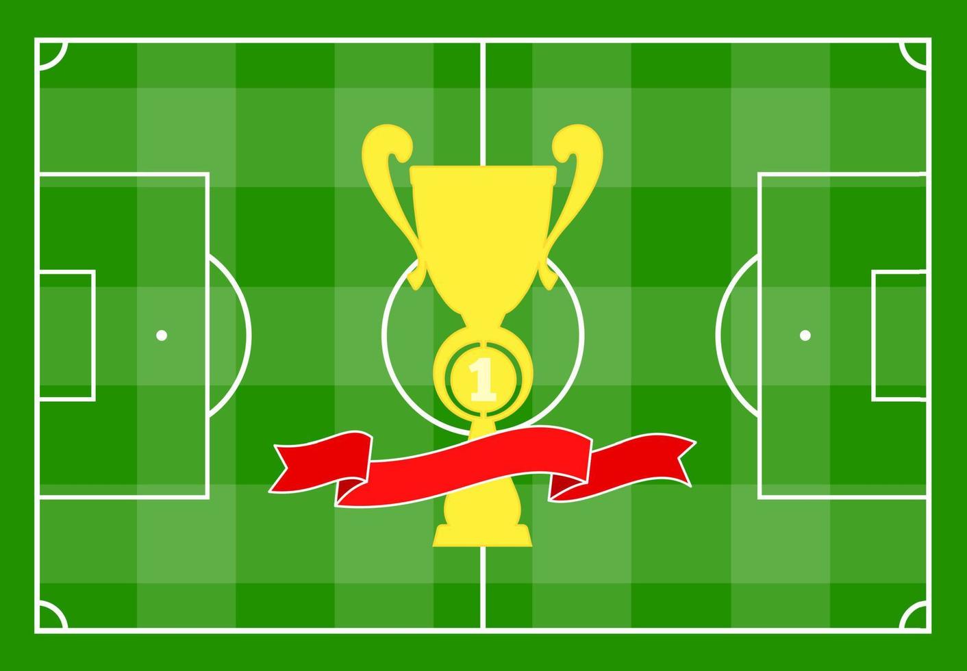 Football field with green grass and with a gold cup with a red ribbon. Vector illustration