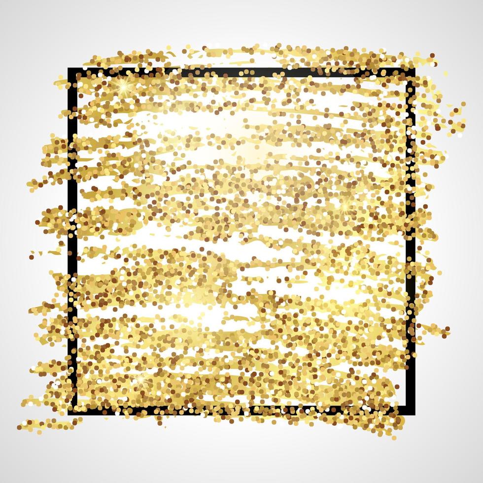 Golden Paint Glittering backdrop with black square frame on a white background. Background with gold sparkles and glitter effect. Empty space for your text. Vector illustration