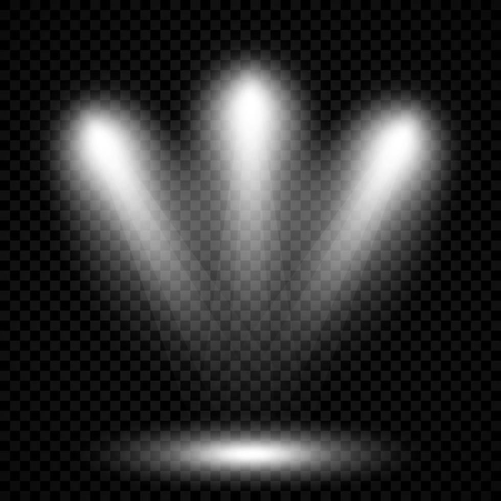Cold white lighting with three spotlights. Scene illumination effects on a dark transparent background. Vector illustration