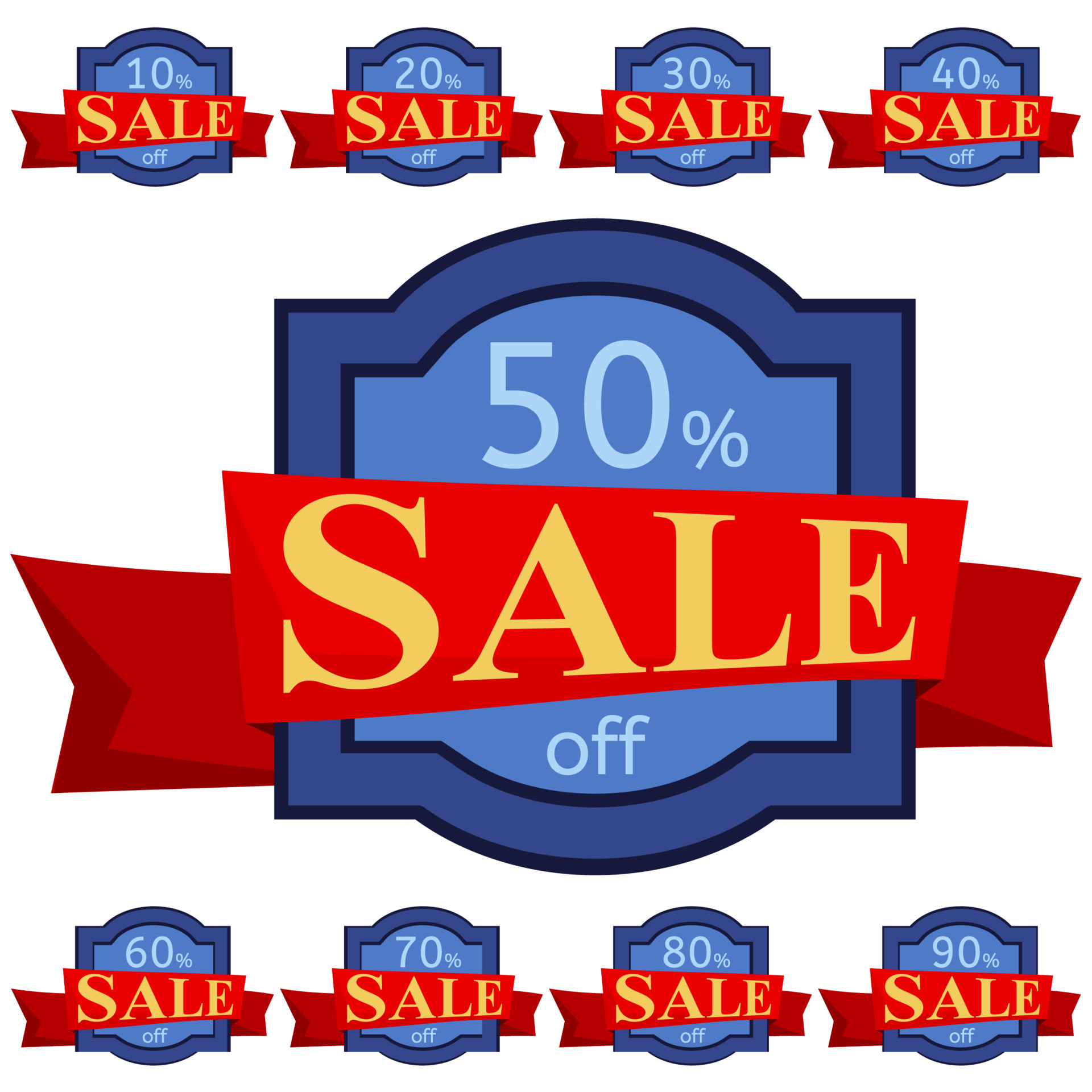 Set of discount stickers. Blue badges with red ribbon for sale 10 90