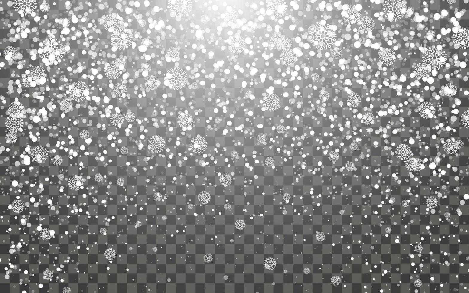 Snowfall and falling snowflakes on dark transparent background. White snowflakes and Christmas snow. Vector illustration