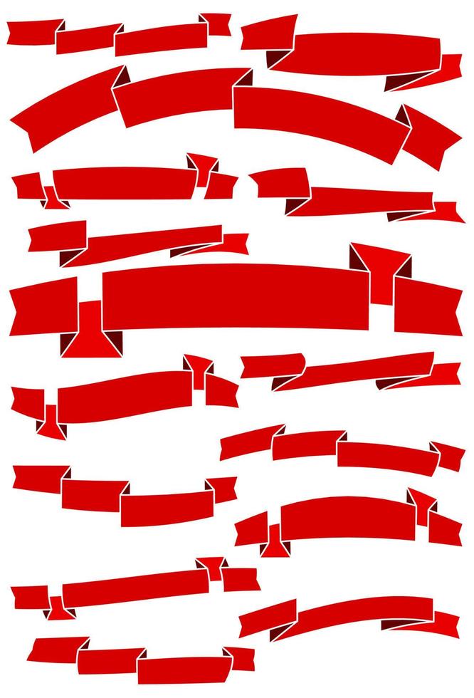 Set of fifteen red cartoon ribbons and banners for web design. Great design element isolated on white background. Vector illustration.