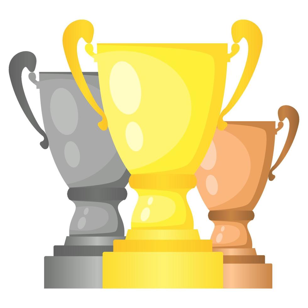 Set of vector trophy champion cups in gold, silver and bronze. Championship prizes for first, second and third place. Victory symbols isolated on white background.