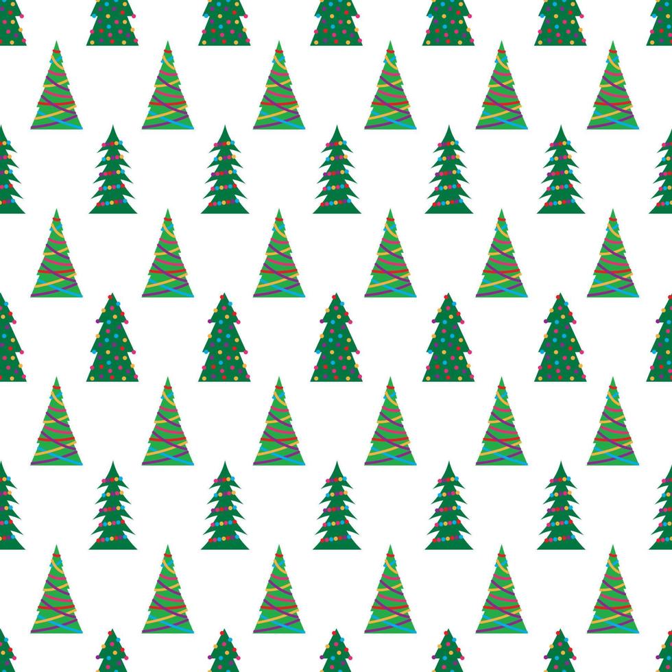 Christmas seamless pattern with green Christmas trees with colorful toys, balls and garlands. Vector illustration