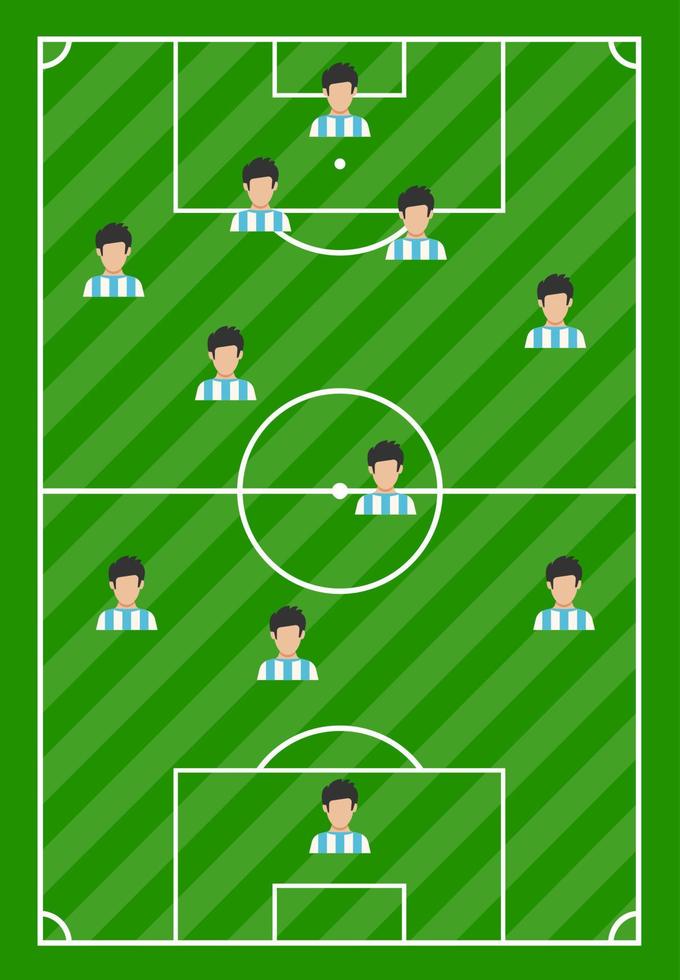 Football field with green grass and with eleven players. Vector illustration