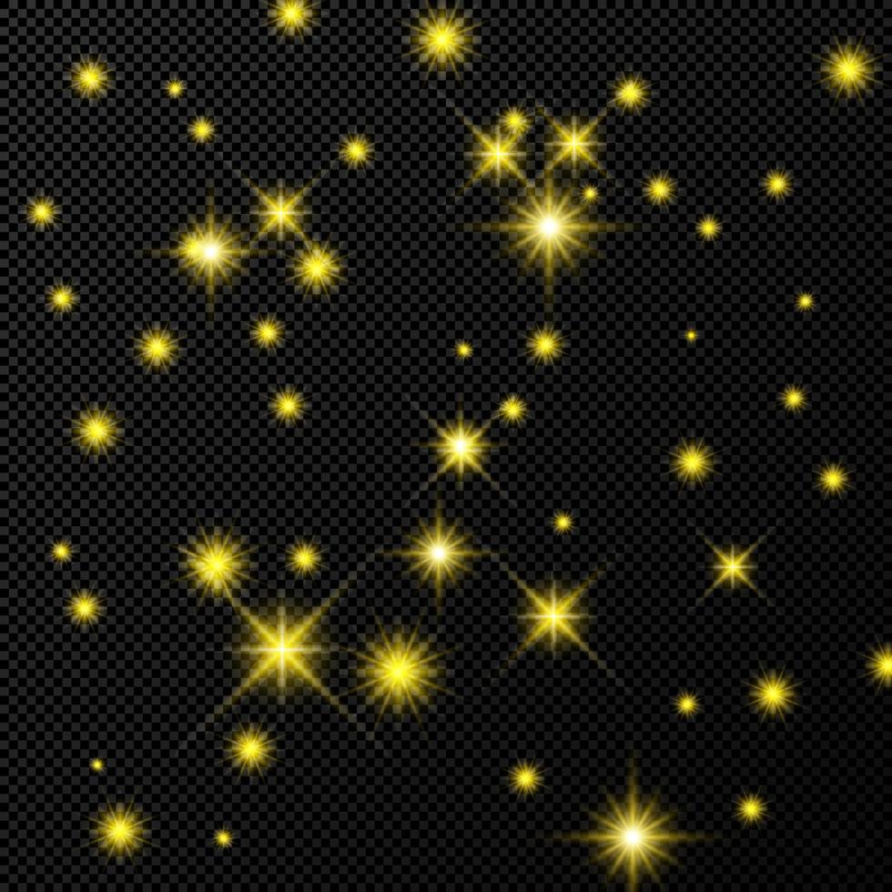 telón de fondo dorado con estrellas y chispas de polvo aisladas en un fondo transparente oscuro. efecto de luz brillante de navidad mágica de celebración. ilustración vectorial vector