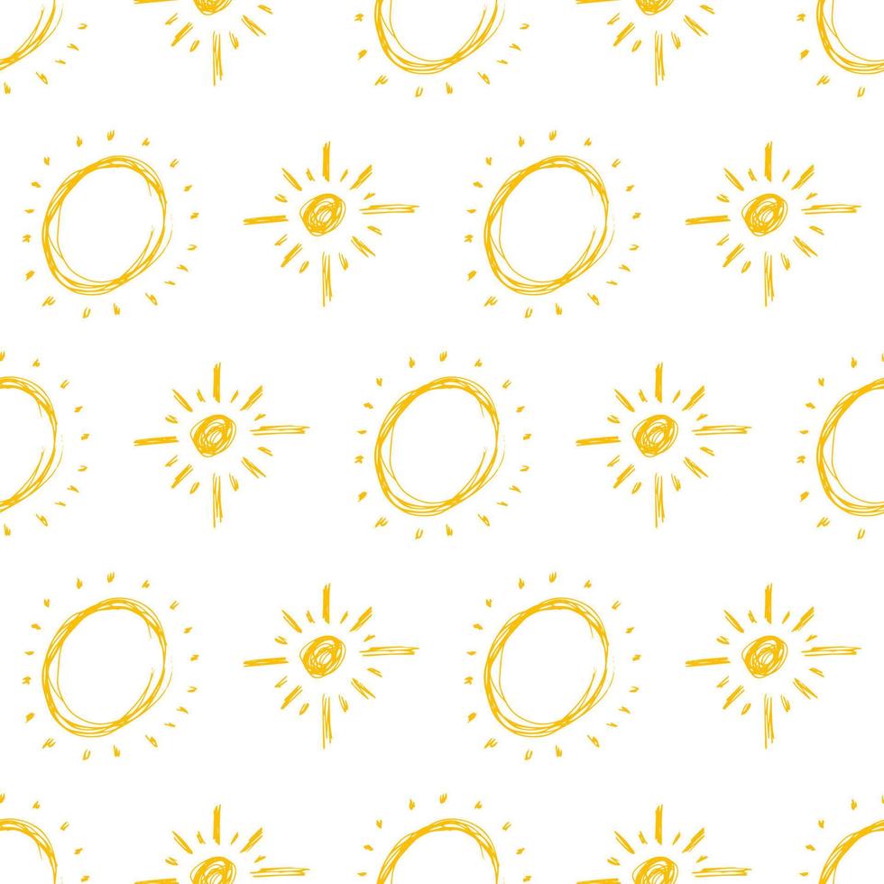 Hand drawn sun. Seamless pattern of simple sketch sun's. Solar symbol. Yellow doodle isolated on white background. Vector illustration.