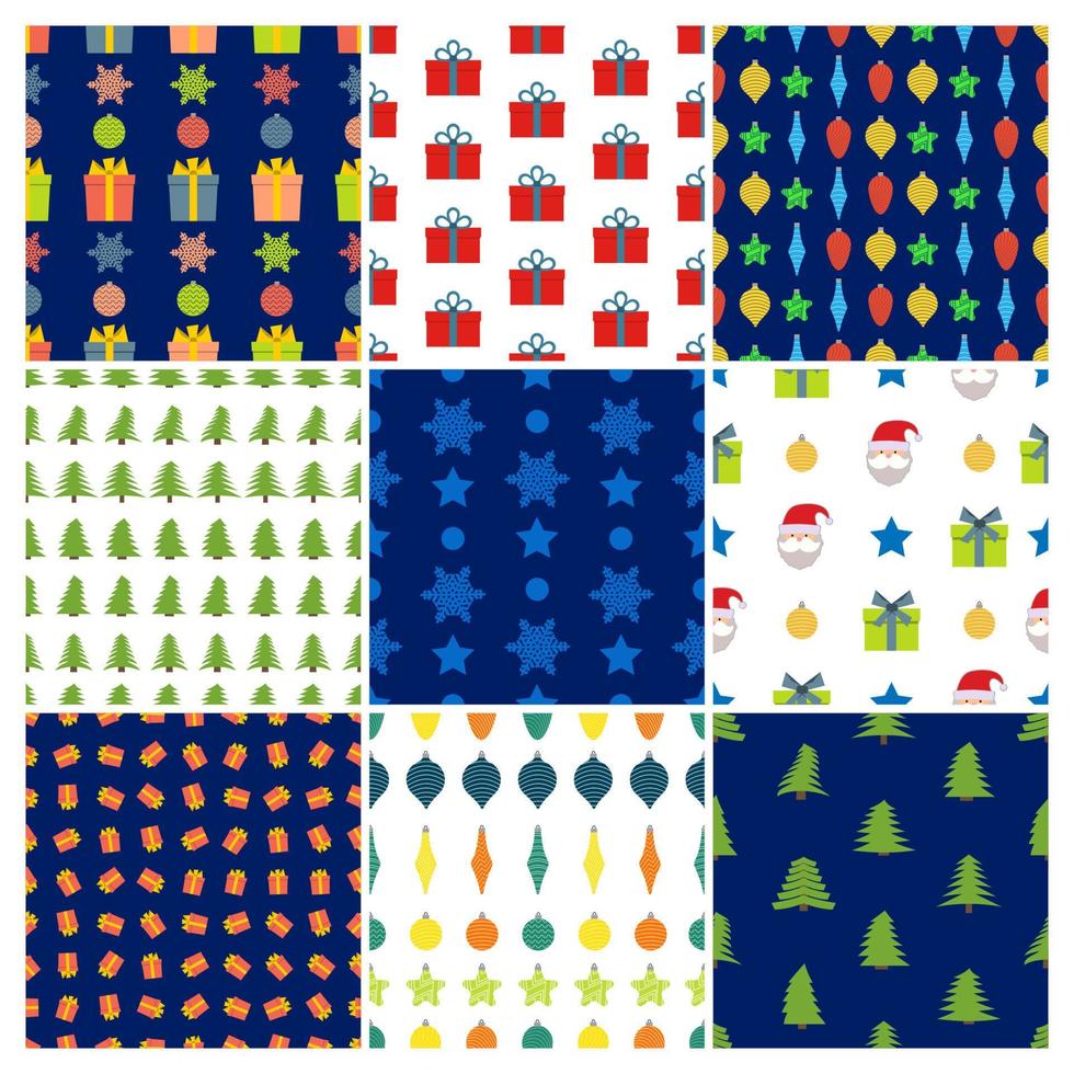 Set of nine Christmas Seamless Patterns with icons in flat style. Vector illustration