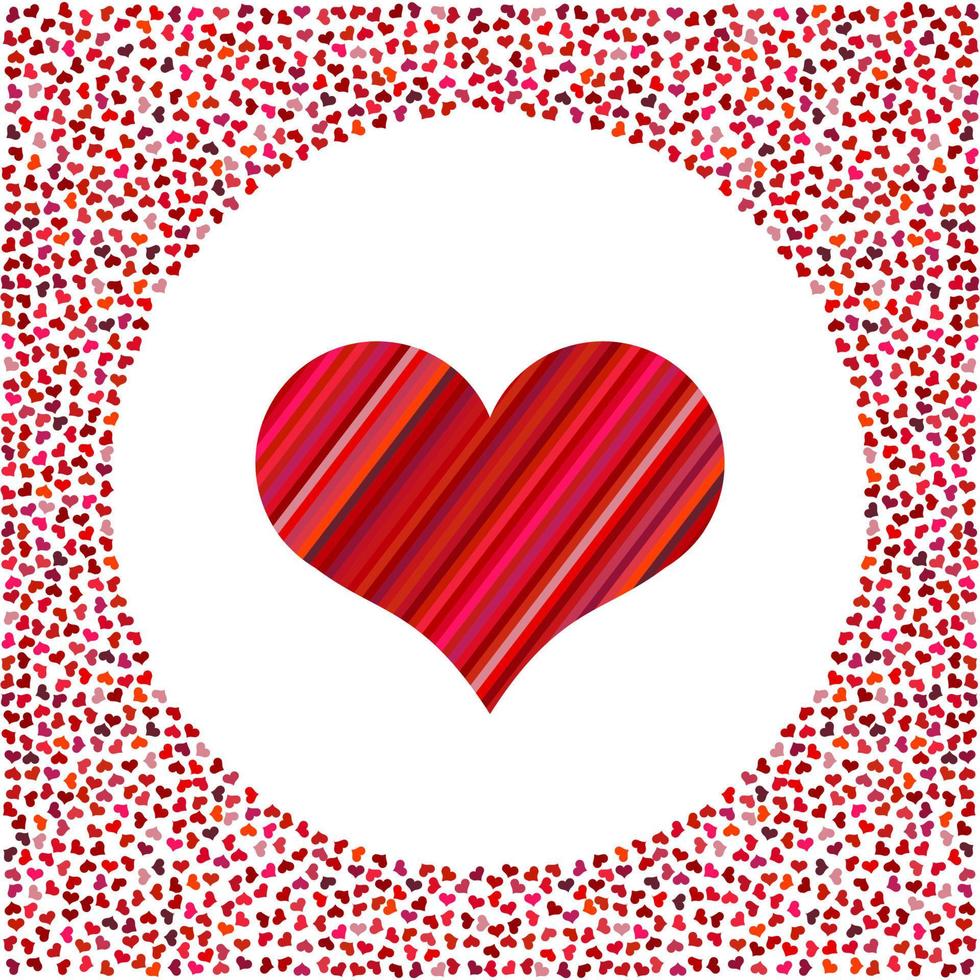 corazón rojo de las tiras y corazoncitos alrededor. fondo del día de san valentín con muchos corazones sobre un fondo blanco. símbolo del elemento de amor para la plantilla de boda. vector