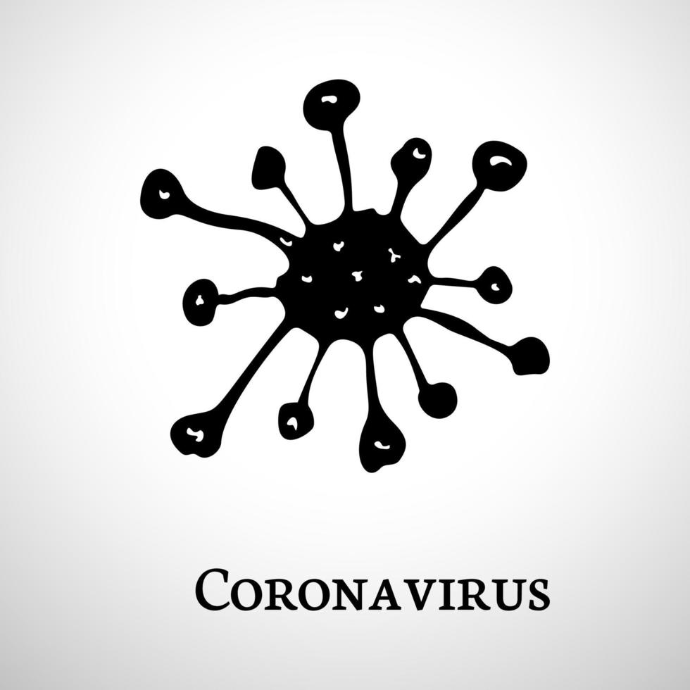 Coronavirus 2019-nCoV doodle icon. Hand drawn corona virus black bacteria icon isolated on white background. Dangerous influenza pandemic. Vector illustration