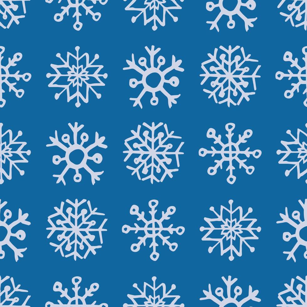 Seamless background of hand drawn snowflakes. White snowflakes on blue background. Christmas and New Year decoration elements. Vector illustration.