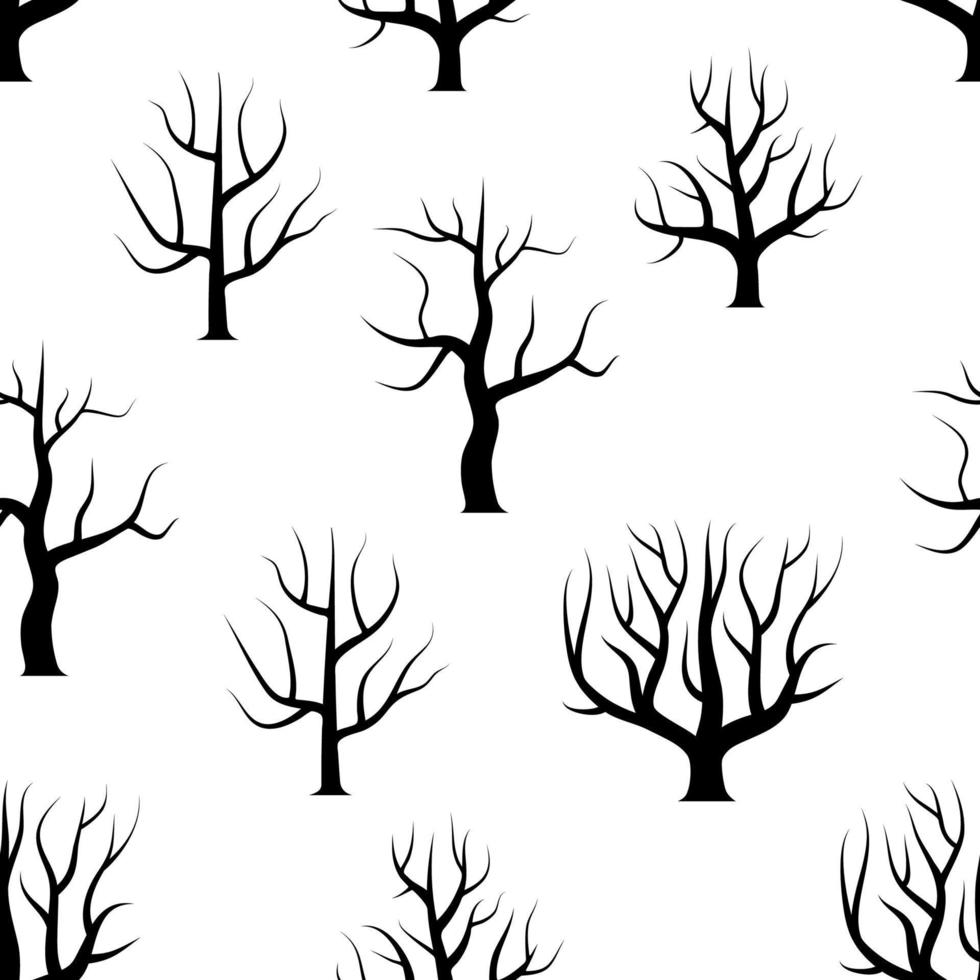 árboles curvos en blanco y negro sin costuras sin fondos de hojas. textura transparente del bosque vectorial. vector